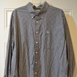 MENS LARGE CINCH GRAY WITH TEAL DESIGN BUTTON DOWN WESTERN SHIRT